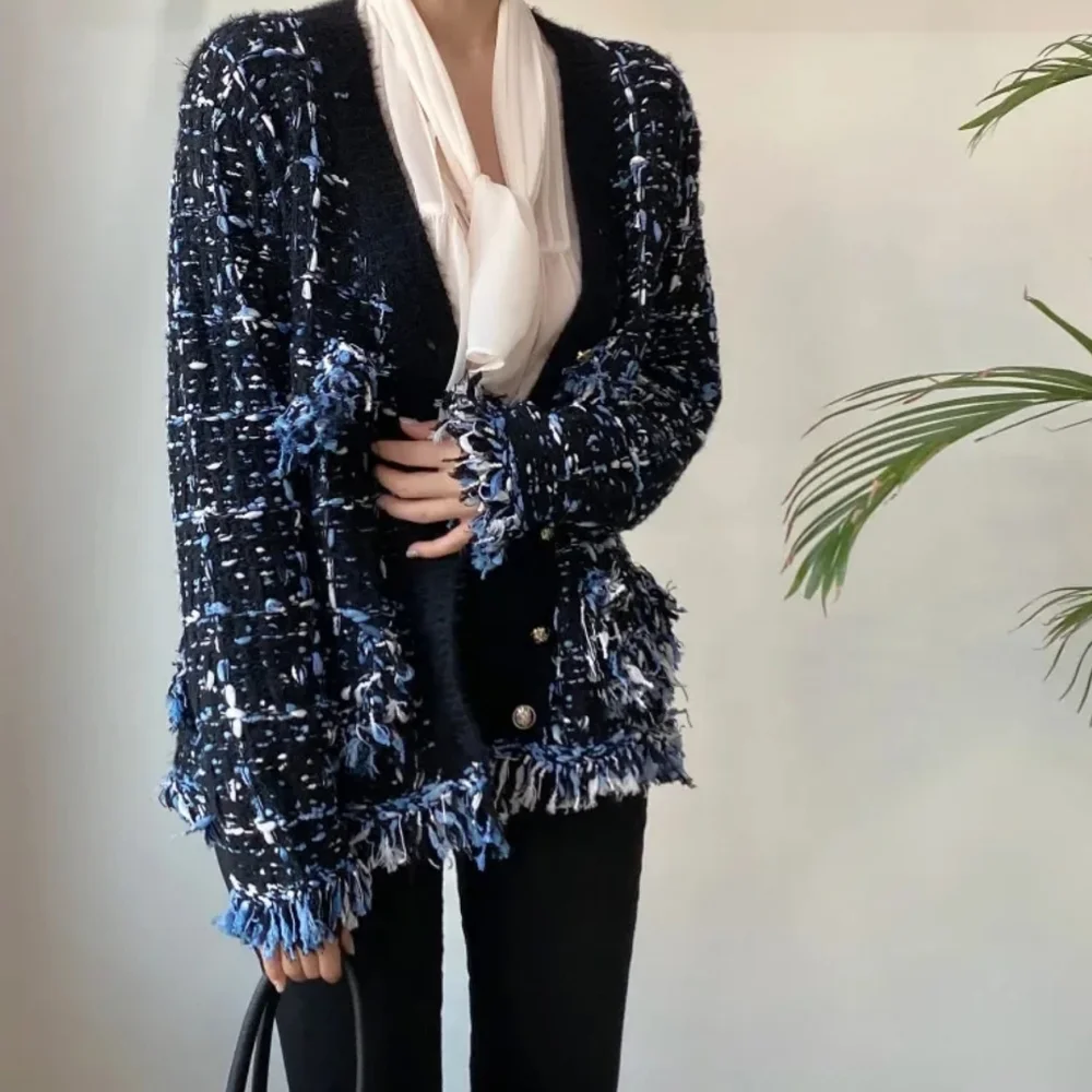 Tassels Patchwork Jacket Contrast Color V-neck Single Breasted Loose Coats - Picture 4 of 5